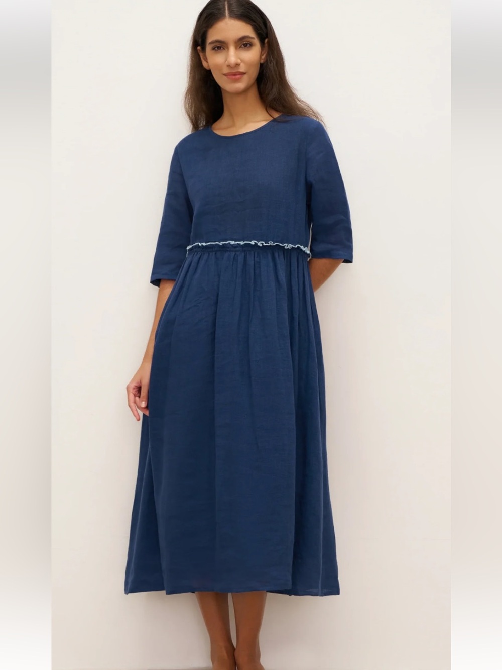 Blue Textured Midi Dress with Gathered Waist - Picture 1 of 10